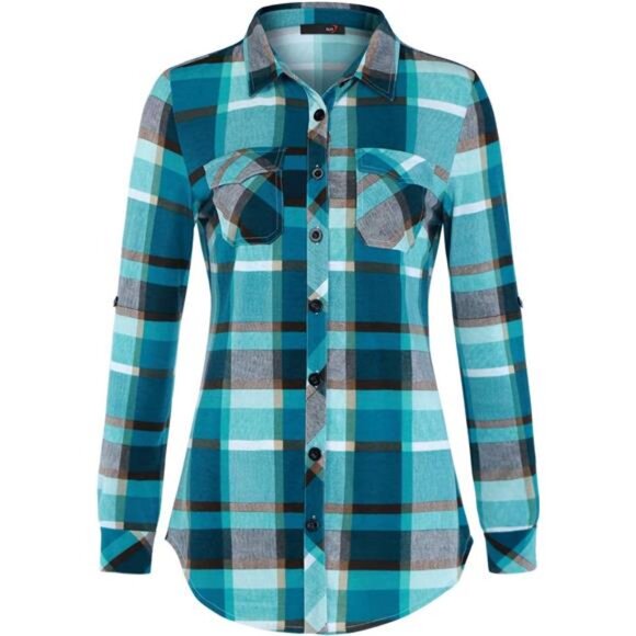 Womens Stretchy Knit Plaid Shirt - Roll Up‎ Long Sleeve Collared Button Down - Picture 2 of 7